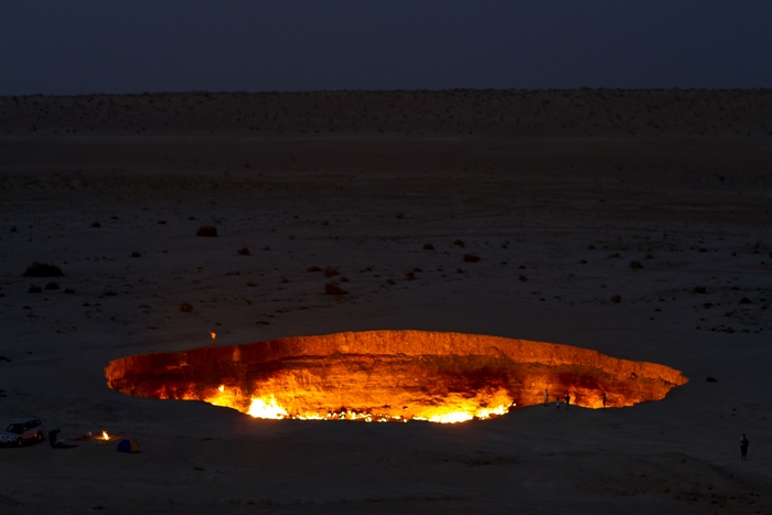 Darvaza Gas Crater in Turkmenistan at night