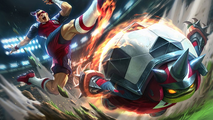 Rammus from League of Legends playing soccer