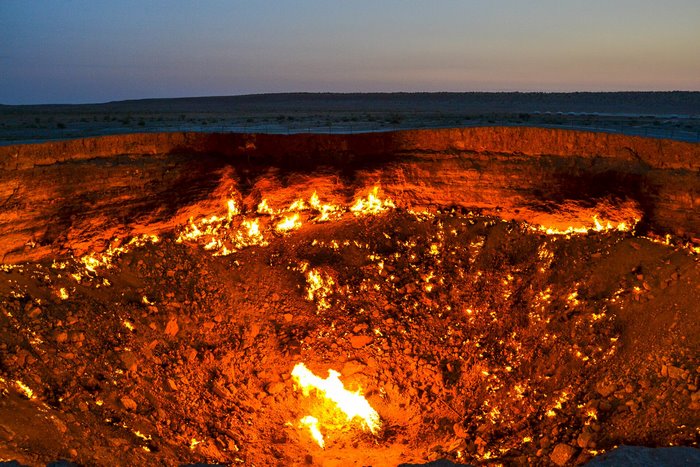 Darvaza Gas Crater in Turkmenistan burning at night