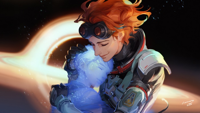 Horizon and her son from Apex Legends embracing in space