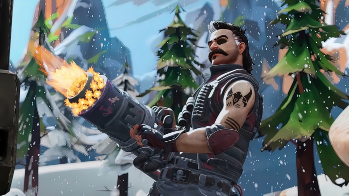 Fuse from Apex Legends firing a weapon in a snowy landscape