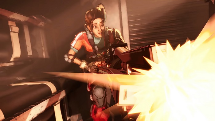 Rampart from Apex Legends firing a weapon