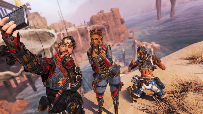 Mirage, Loba, and Octane from Apex Legends taking a selfie
