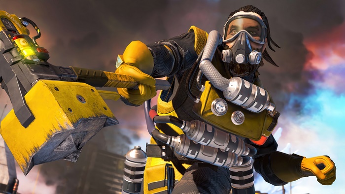 Caustic from Apex Legends holding a weapon