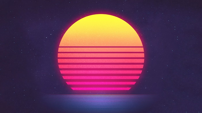 Synthwave sunset with stars and water reflection