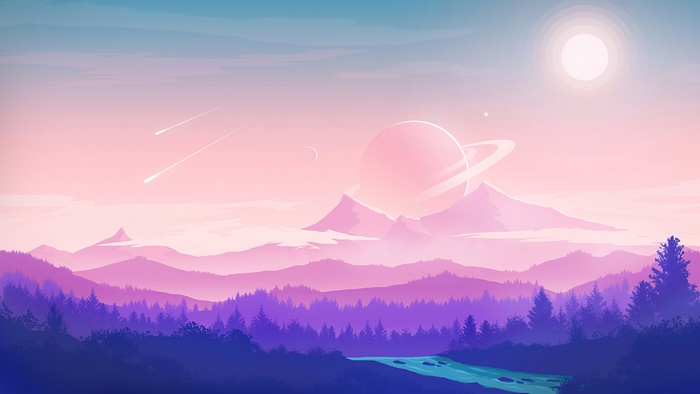 Fantasy landscape with planet and mountains 4K