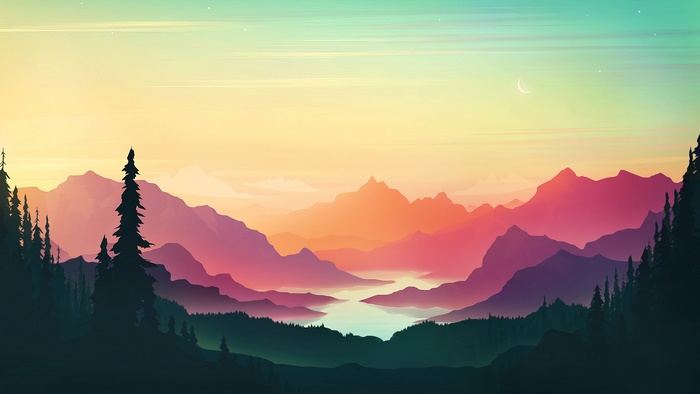 Mountain landscape at sunset with river and trees 4K