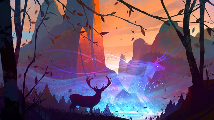 Fantasy forest with deer and glowing spirits 4K