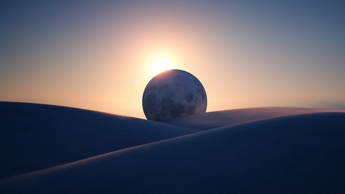Moon and Sun over desert dunes 4K