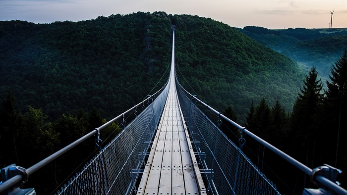 Suspension bridge over a forested mountain valley