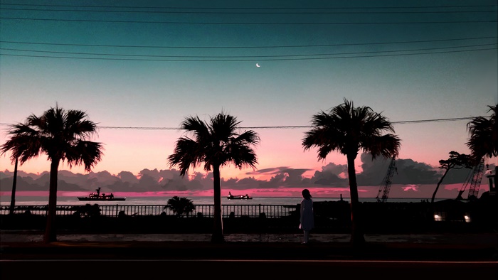 Silhouette of a girl and palm trees at sunset with boats