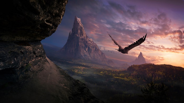Eagle Flying Over Mountain at Sunrise