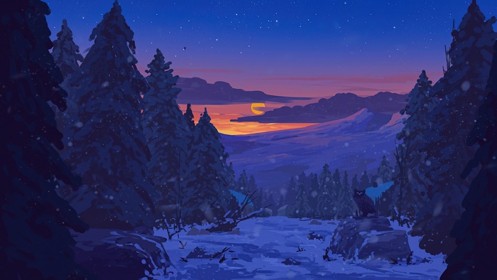 Snowing Winter Sunset Scenery 4K