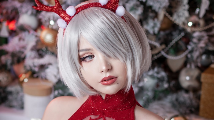 Girl in Christmas Outfit with White Hair and Reindeer Antlers 4K