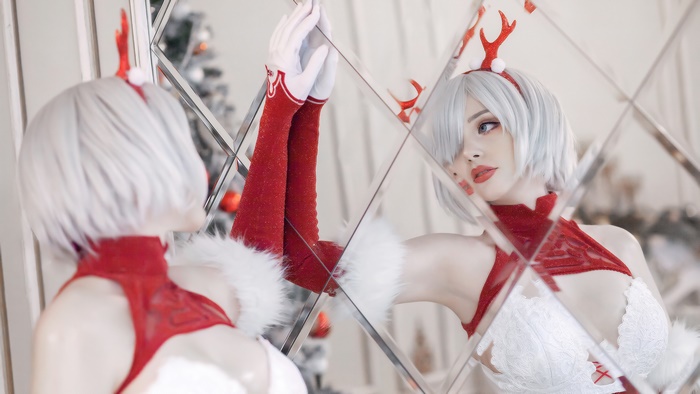 Girl in Christmas Outfit with White Hair