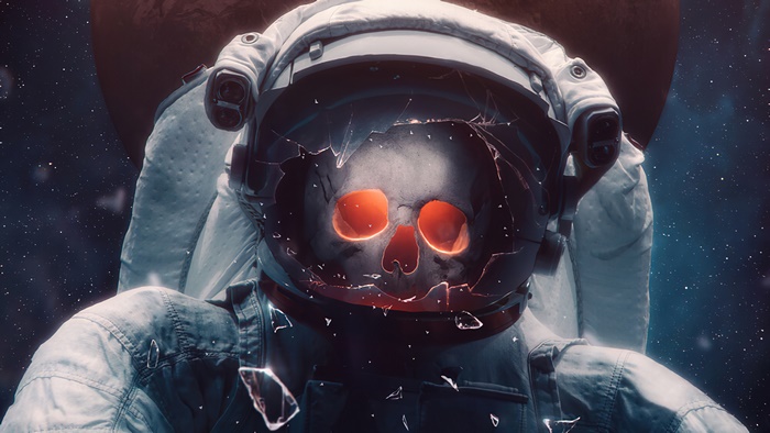 Astronaut with cracked helmet and glowing skull