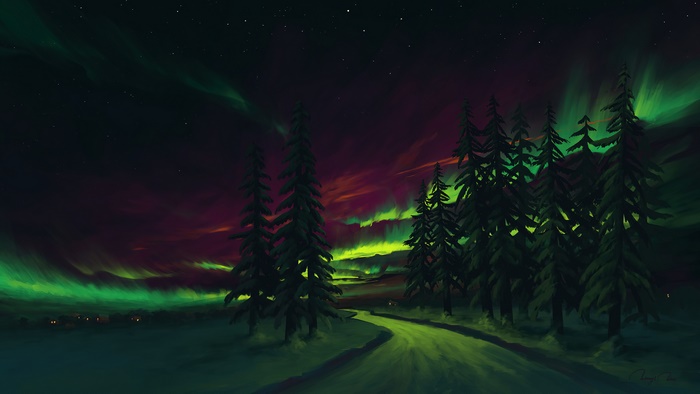 Aurora Borealis over a forest road
