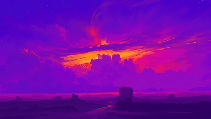 Purple and orange sunset sky over desert landscape 4K