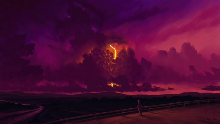 Lightning storm over a landscape with a person