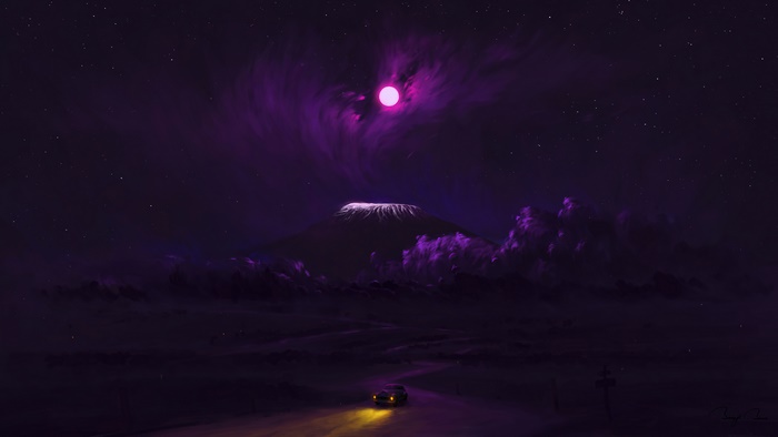 Purple Moon Over Mountain with Car on Road 4K