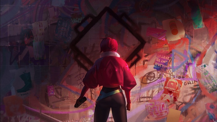Girl in red jacket in front of graffiti wall 4K