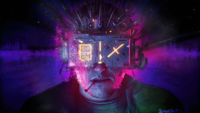 Man wearing cyberpunk goggles with 2024 display