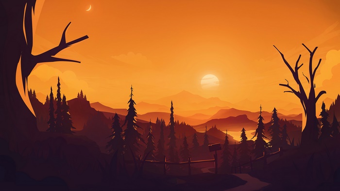 Sunset over a forest landscape with mountains
