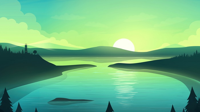 Sunrise over a lake with a lighthouse