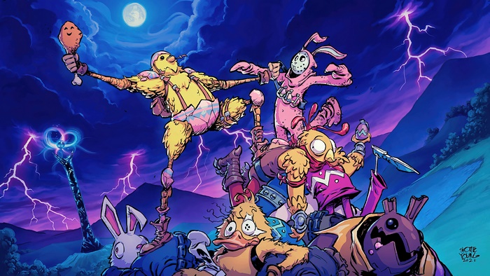 Fortnite Cluck and Bunny Characters in Lightning Storm