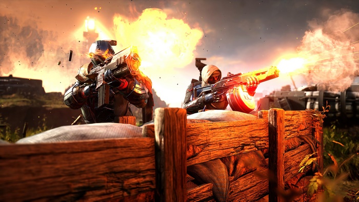 Outriders characters firing weapons in a battle scene 4K