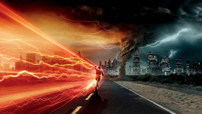 The Flash running through a city with a tornado and lightning