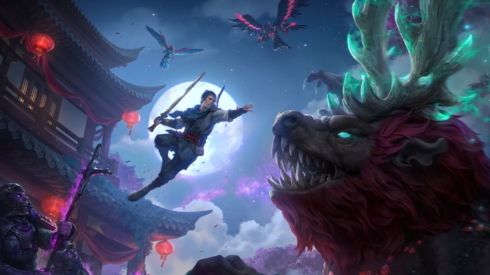Warrior fighting a mythical beast in Eastern realm