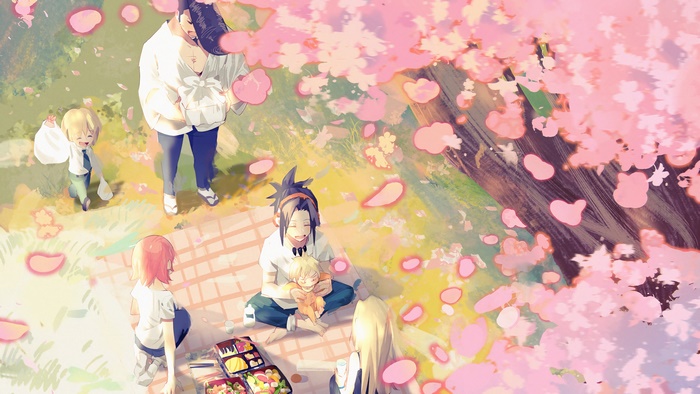 Shaman King characters having a picnic under cherry blossoms