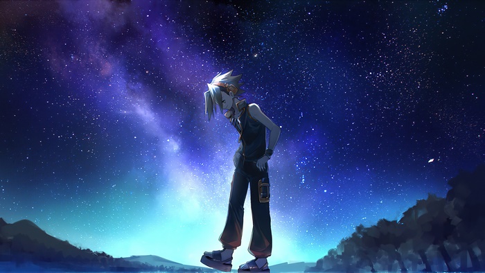 Asakura Yoh from Shaman King under a starry sky