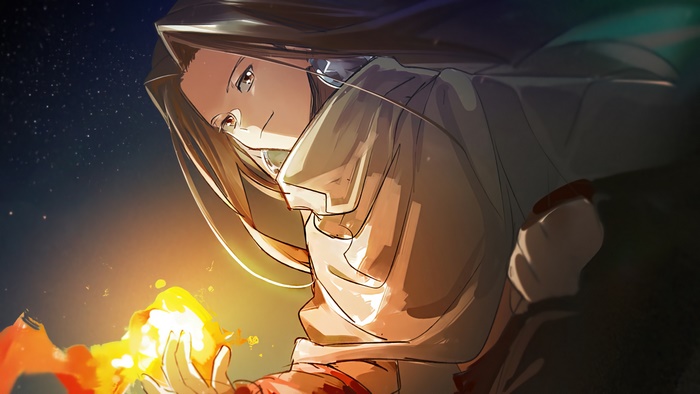 Hao Asakura from Shaman King holding fire