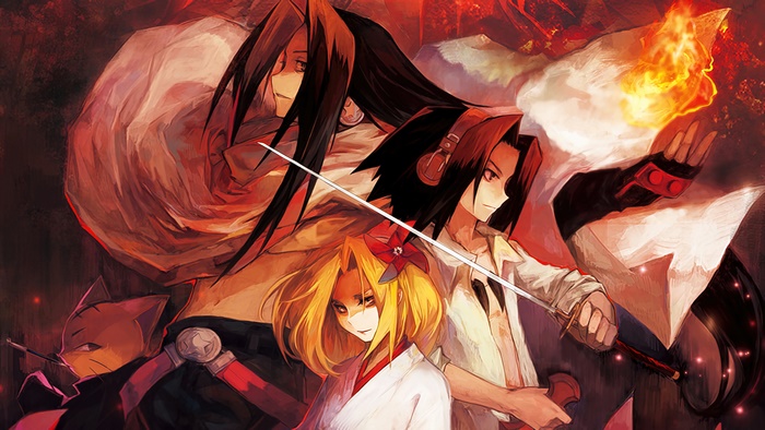 Shaman King characters Hao, Yoh Asakura, Anna Kyoyama, and a cat spirit