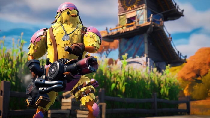 Cluck from Fortnite holding a minigun