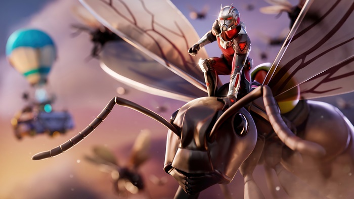 Ant-Man from Marvel riding a giant ant in Fortnite 4K