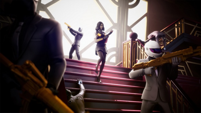 Marigold from Fortnite with armed figures on stairs