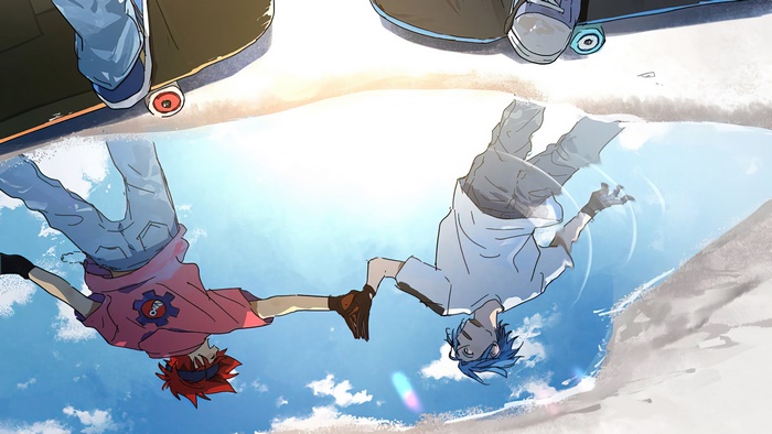 Reki and Langa from Sk8 the Infinity holding hands