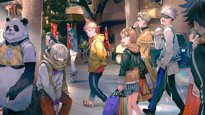 Jujutsu Kaisen characters walking on a street