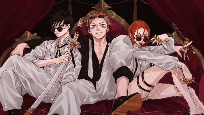 Jujutsu Kaisen characters Megumi, Yuji, and Nobara in suits 4K