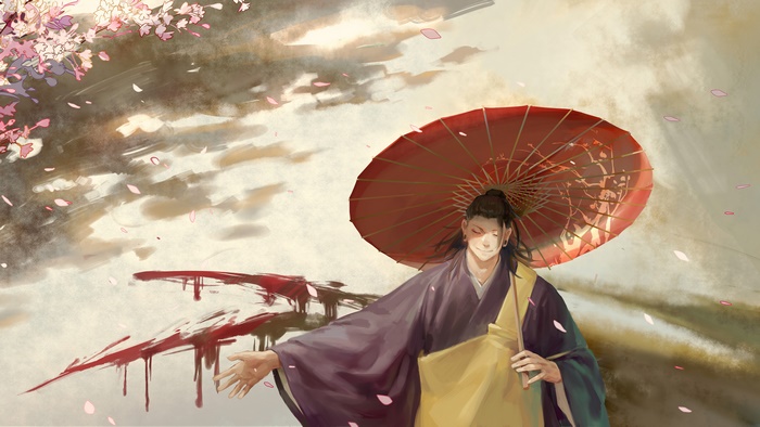 Suguru Geto from Jujutsu Kaisen holding a red umbrella