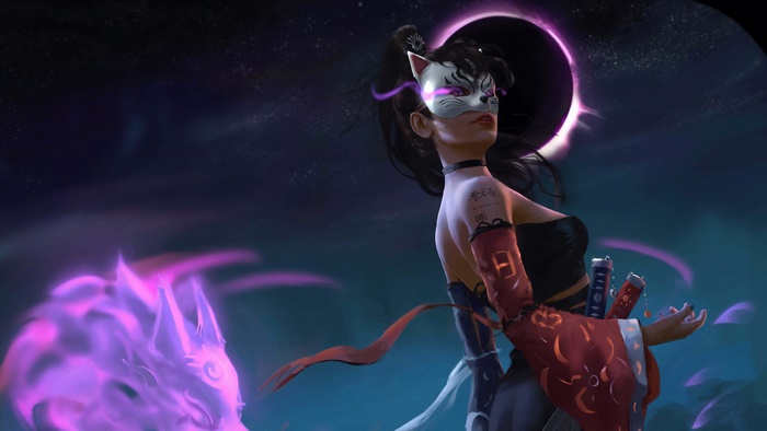 Girl in Kitsune Mask with Spirit Wolf and Eclipse