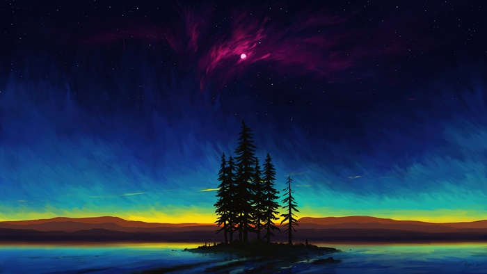 Digital art landscape with moon and trees