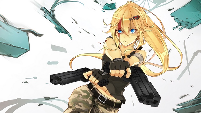 Anime girl soldier with guns 4K