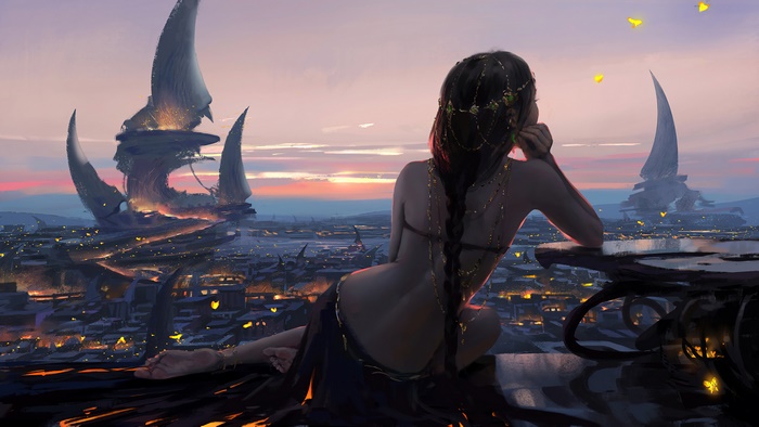 Fantasy girl watching sunset over futuristic city 4K