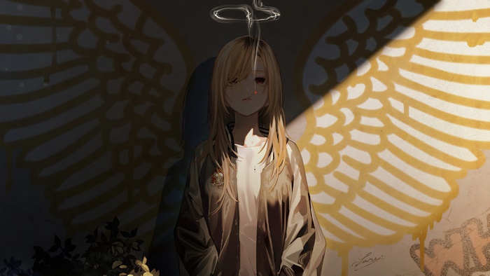 Anime girl smoking with angel wings graffiti