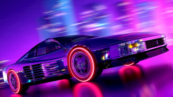 Retrowave sports car with neon wheels 4K