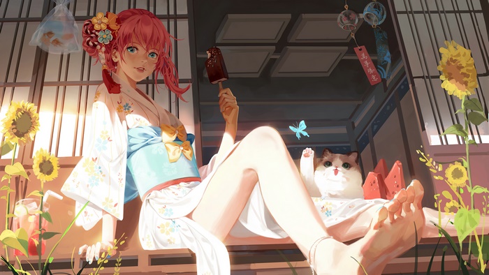 Girl in Kimono Eating Ice Cream with Cat and Sunflowers 4K